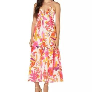 ZARA Floral Print Halter Neck Maxi Dress Sz L tropical beach resort sexy casual